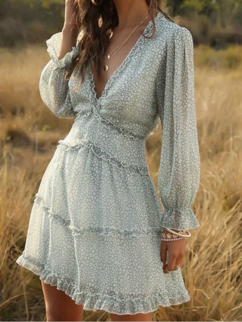 Light Sage Floral Ruffle Mini Dress - Women